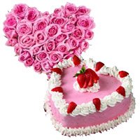 Deliver 1 Kg Strawberry Heart Cake and 24 Pink Roses Heart arrangements to Bangalore