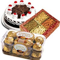 Get 1/2 Kg Black Forest Cakes, 1/2 Kg Dry Fruits and 16 pcs Ferrero Rochers in Bangalore. Send New Year Gifts to Bangalore