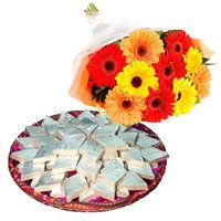Luxurious New Year Flowers Delivery in Bangalore. 12 Mix Gerbera with 1 Kg Kaju Barfi