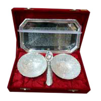Silver Plated Set(1 Tray, 2 Bowls, 1 Spoon) in Brass. Gifts to Bangalore