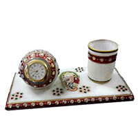 Order Online Diwali Gifts to Bangalore.Clock and Pen Holder in Marble