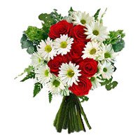 Red Roses to Bangalore and White Gerbera Bouquet 12 Flowers on New Year