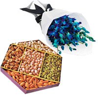 On Diwali, Deliver Blue Orchid Bunch of 10 Flowers Stem with 1/2 Kg Mix Dry Fruits to Bangalore