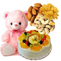 Buy Online Diwali Gifts like, 12 inch Teddy with 1 Kg Eggless Fruit Cake from 5 Star Bakery and 500 gm Assorted Dry Fruits to Bangalore