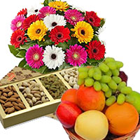 Place Order for Diwali Gifts in Bengaluru including 12 Mix Gerbera with 500 gm Mix Dry Fruits and 1 Kg Fresh Fruits Basket