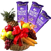 Send 2 Kg Fresh Fruits Basket with 3 Dairy Milk Silk Chocolate in Bangalore. gift to Bangalore