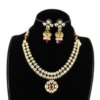 White Kundan 2 Layers Necklace with Red Dangling