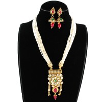 Designer Kundan Necklace Set with White pearl Chain