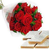 Deliver 12 Red Roses and 250 gm Kaju Burfi Sweets to Bangalore made up of New Year Gifts in Bangalore.