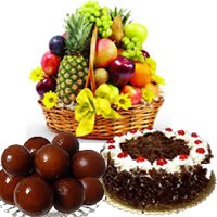 Online Gifts Bangalore. Send 1 Kg Fresh Fruits, 1 Kg Gulab jamun & 1 Kg Round Black Forest Cake