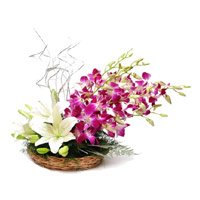 New Year Flowers Delivery to Bengaluru. 2 White Lily 6 Purple Orchids Basket Flowers to Bangalore