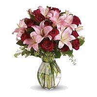Buy 3 Pink Lily 12 Red Roses to Bangalore in Vase. Diwali Flowers to Mangalore