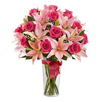 Order Online Diwali Flowers in Bangalore for 4 Pink Lily 15 Pink Rose Vase Bangalore