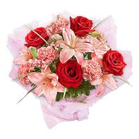 Send New Year Flowers to Bangalore. 3 Pink Lily 6 Red Rose 6 Pink Carnation Flower Bouquet to Bangalore