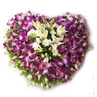Online Diwali Flowers to Bangalore with 3 White Lily 15 Orchids Heart Arrangement