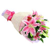 Online New Year Flowers Delivery to Bangalore. Pink Lily Bouquet 3 Stems