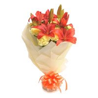 New Year Flowers Delivery in Bangalore consisting 2 Orange Lily 12 Yellow Carnation Online Flower Bouquet in Bangalore
