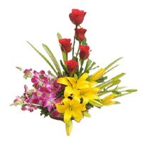 Place Online Order for Rakhi Flowers of 2 Yellow Lily 4 Orchids 5 Red Rose in Flower Basket in Bangalore