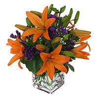 Early Morning Flower Delivery Bangalore. Orange Lily Vase 4 Flower Stems on Rakhi