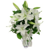 Online Flower Shop in Bangalore. Get Diwali White Lily Vase of 5 Stems Flower to Bangalore