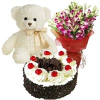 Send Bouquet of 10 Orchids with 6 inch Teddy and 1 kg Black Forest Cake in Bengaluru