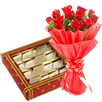 Deliver Diwali Gift Hampers in Bangalore. Send Bunch of 12 Red Roses with 0.5 Kg Kaju Barfi Sweet in Bengaluru
