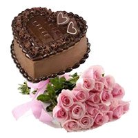 Send Online Bunch of 15 Pink Roses 1 Kg Heart Shape Chocolate Truffle Cake to Bangalore
