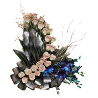 Send 6 Blue Orchid 24 Pink Roses Flower Arrangement to Bengaluru on Friendship Day