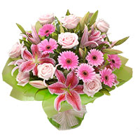 Send Online Pink Lily, Gerbera, Roses Bouquet 15 Flowers in Bangalore India. New Year Flowers in Bangalore