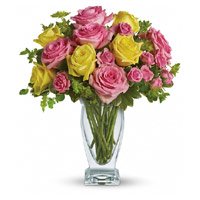 Deliver Pink Yellow Roses in Vase 20 Flowers to Bangalore on Rakhi