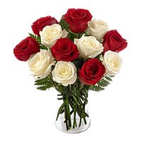luxurious Flowers Delivered Bengaluru made up of Red White Roses in Vase of 12 New Year Flowers to Bangalore