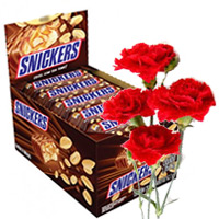 Gifts Delivery in Bangalore delivers 32 Pcs Snickers Chocolates Box with 6 Carnations in Bangalore Online