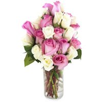 Same Day Deliver Diwali Flowers in Bangalore including White Pink Roses Vase 25 Flowers to Bangalore