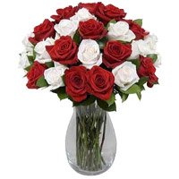 Online Flowers Delivery of Red White Roses Vase 24 Flowers in Bangalore
