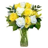 Yellow White Roses in Vase of 12 New Year Flowers in Bangalore also Deliver New Year Flowers in Bangalore