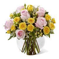 Buy Yellow Pink Roses in Vase of 18 Diwali Flowers Delivery in Bangalore