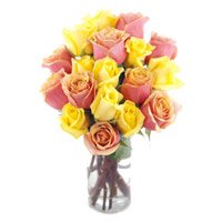 ODeliver Flowers on this Diwali to Yellow Pink Roses Vase 15 Flowers in Bangalore