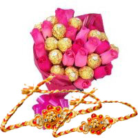 Online Rakhi Delivery in Bangalore with Pink Roses 10 Flowers 16 Pcs Ferrero Rocher Bouquet