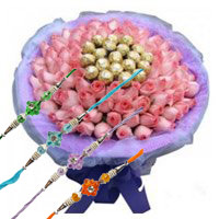 Rakhi Gift Delivery in Bangalore. 50 Pink Roses 16 Pcs Ferrero Rocher Bouquet