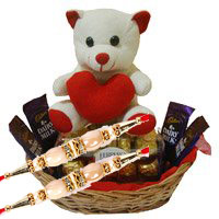 Rakhi Gift in Bangalore with 4 Dairy Milk 16 Ferrero Rocher Chocolates and 6 Inch Teddy Basket