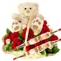 Online Rakhi Gift Delivery to Bangalore contain 12 Red Roses, 10 Ferrero Rocher and 9 Inch Teddy Basket