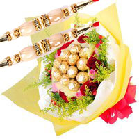 Rakhi and Rakhi Gift Delivery to Bangalore. 12 Red Pink Roses 16 Pcs Ferrero Rocher Bouquet