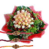 Send 16 Pcs Ferrero Rocher Chocolate with Rakhi to Bangalore and 24 Red White Roses Flowers Bouquet to Bangalore