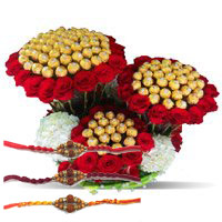 Send Online Rakhi to Bangalore including 96 Pcs Ferrero Rocher 200 Red White Roses Bouquet
