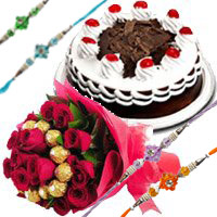 Order Rakhi in Bangalore with 16 pcs Ferrero Rocher with 30 Red Roses Bouquet and 1/2 Kg Black Forest Cake in Bangalore
