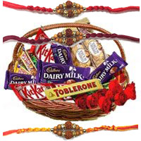 Online Order for Basket of Assorted Chocolate and 10 Red Roses and Rakhi Gifts in Bangalore