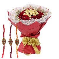 Online Rakhi Gift Delivery of 16 Pcs Ferrero Rocher Chocolate encircled with 20 Red Roses