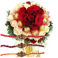 Rakhi Flowers Online Bangalore made of 36 Red White Roses 16 Pcs Ferrero Rocher Bouquet